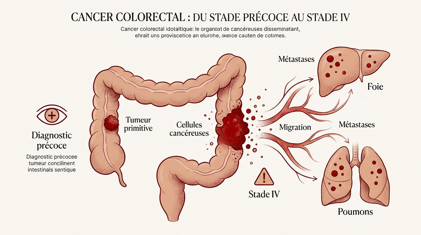 Schéma illustrant l'évolution du cancer colorectal du stade précoce au stade IV métastatique