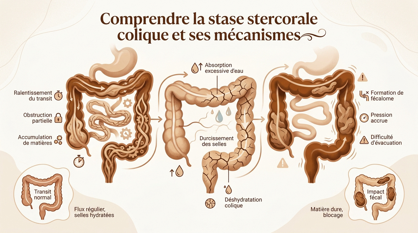 Illustration médicale montrant le mécanisme de la stase stercorale dans le côlon humain