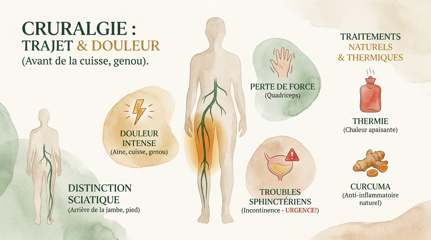 Schéma du trajet du nerf crural et zones de douleur à l'avant de la cuisse