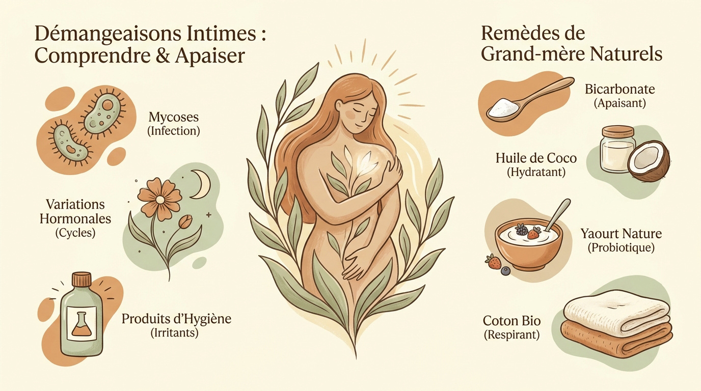 Illustration des remèdes naturels pour apaiser les démangeaisons intimes et restaurer l'équilibre de la flore