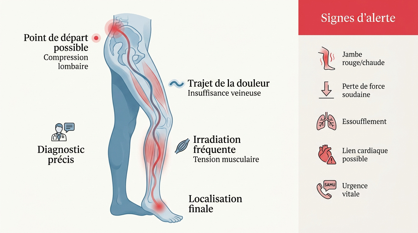 Localisation des zones de douleur sur la jambe gauche et points de vigilance médicale