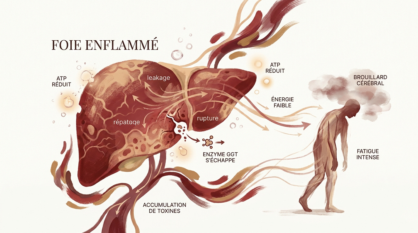 Illustration d'un foie enflammé symbolisant la fatigue métabolique liée aux GGT élevés