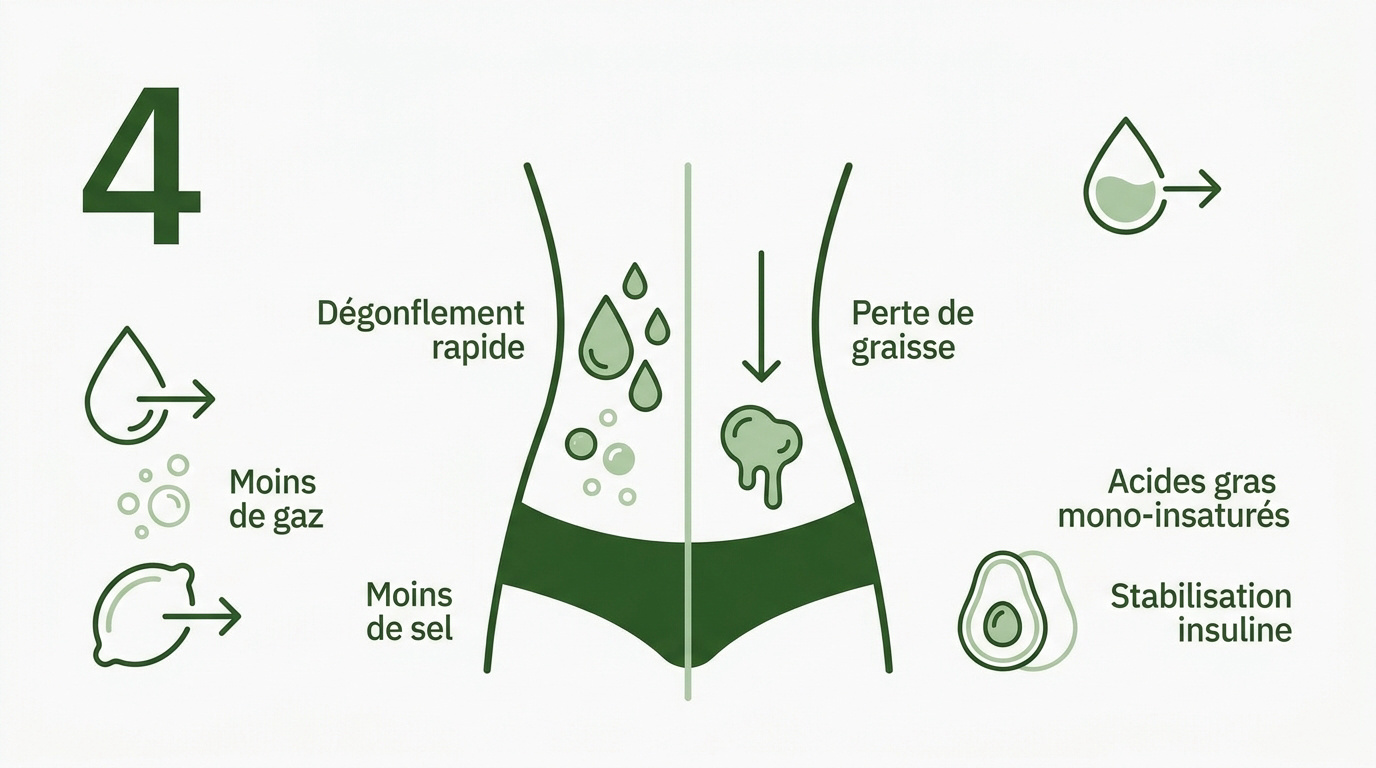 Infographie montrant les étapes pour dégonfler le ventre et perdre du gras abdominal