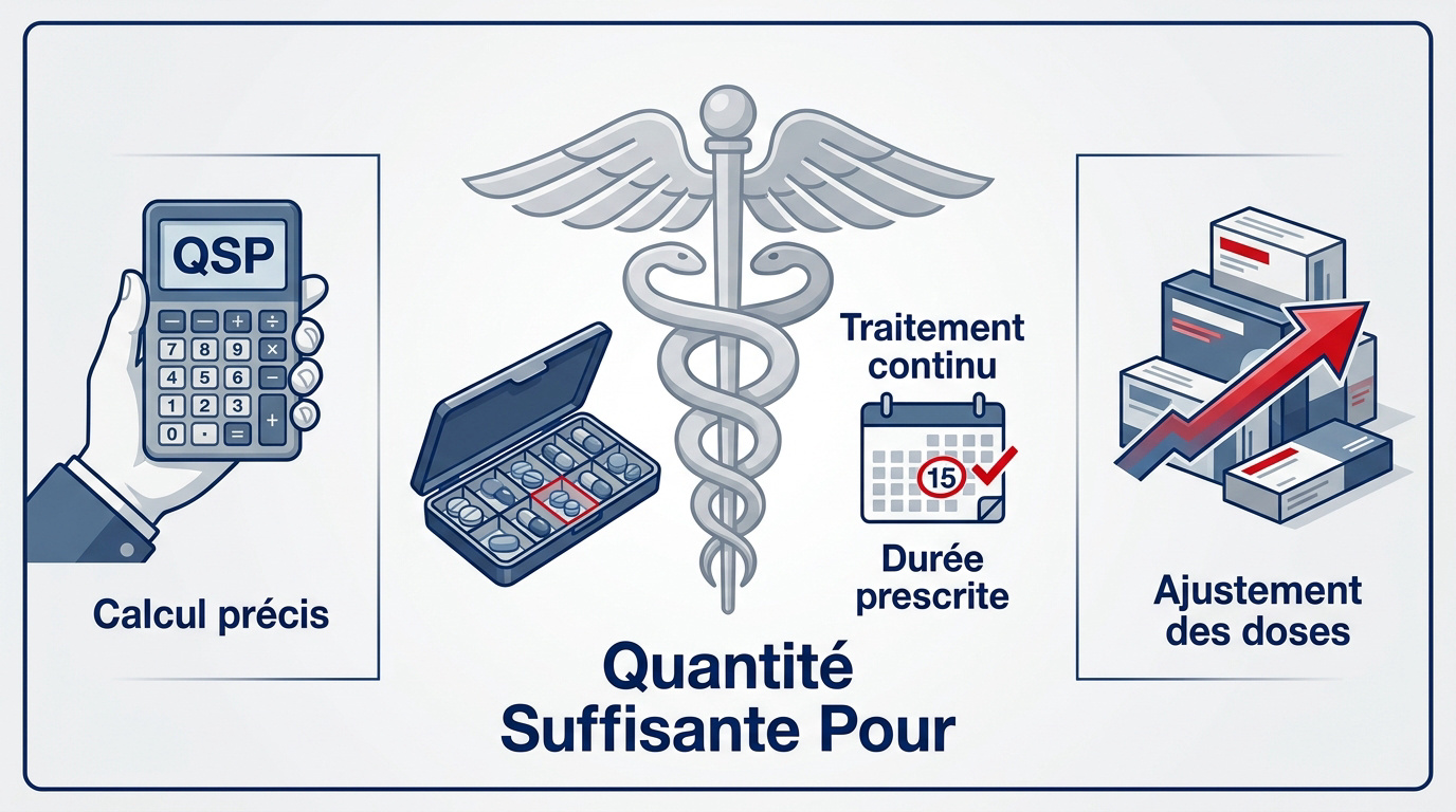 Infographie expliquant le calcul de la quantité de médicaments par le pharmacien selon l'ordonnance QSP