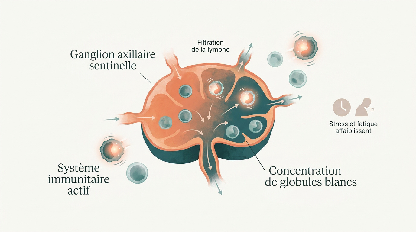 Schéma d'un ganglion lymphatique axillaire filtrant les agents pathogènes