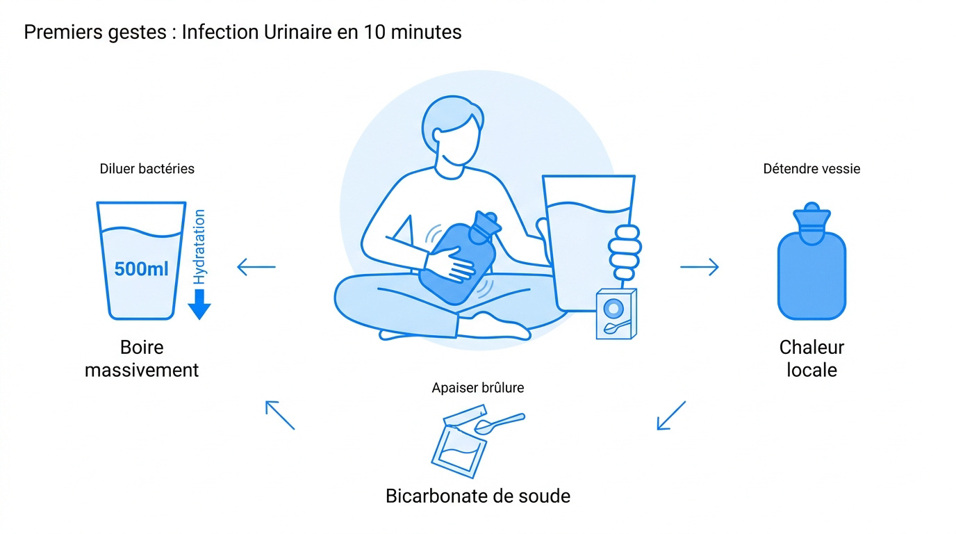 Premiers gestes pour soulager une infection urinaire rapidement avec de l'eau et une bouillotte